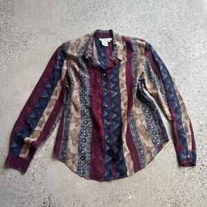 Allison Taylor Petite Women’s SM Silk Button Up Blouse Geometric Print Vintage